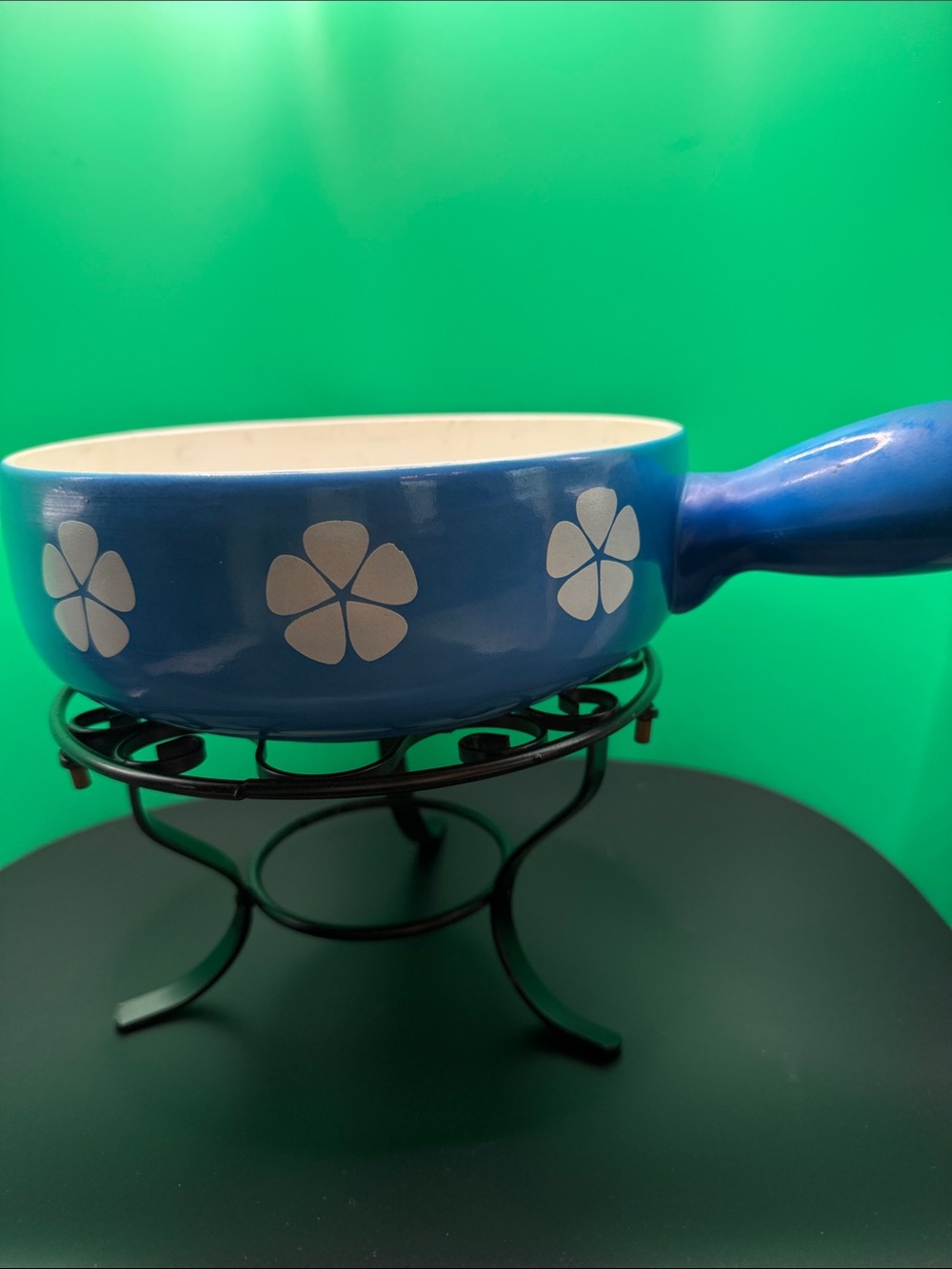 Vintage Blue Floral Ceramic Fondue Pot with Handle